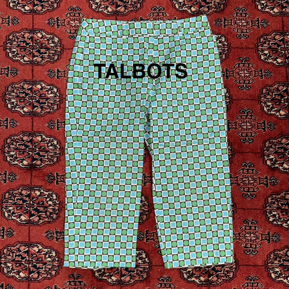 Talbots 8P Green, Blue, Brown Geometric Mod Print Stretch Cotton Cropped Pants
